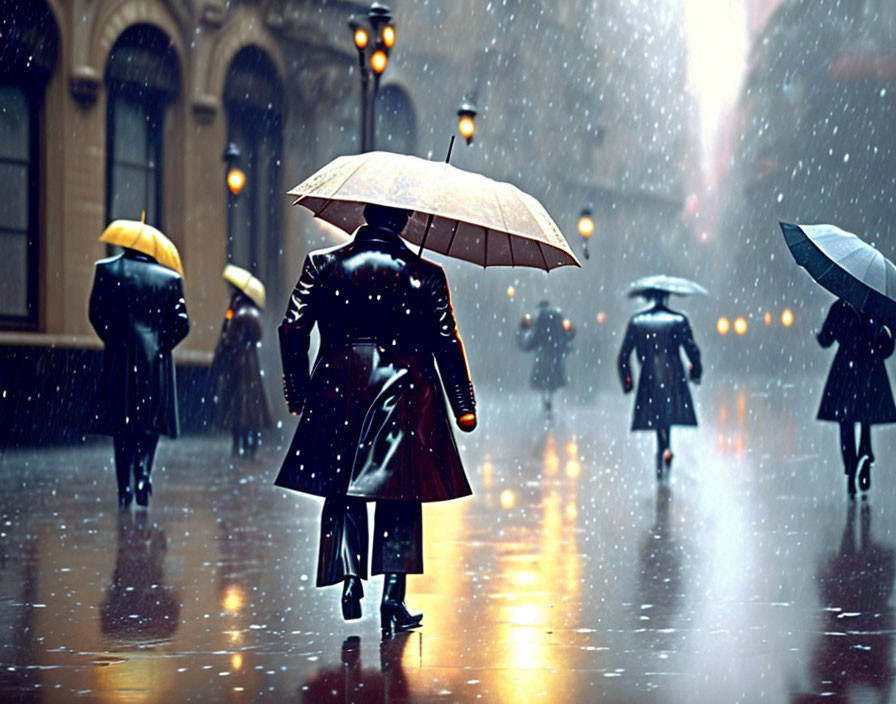 Rainy city street scene with people and umbrellas, glistening pavement and streetlights reflected.