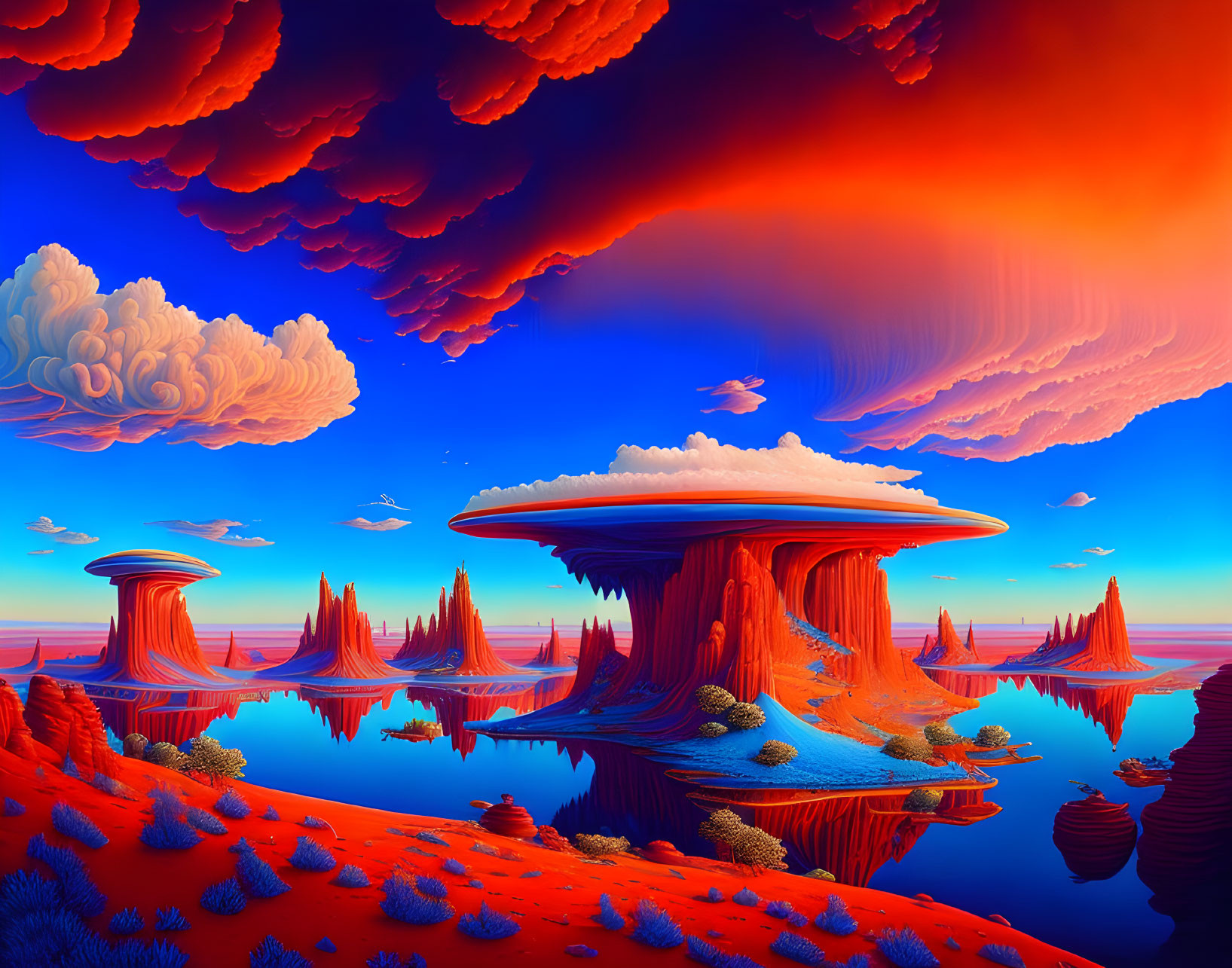 Vibrant digital artwork of red rock formations in blue water under orange and blue cloudscape