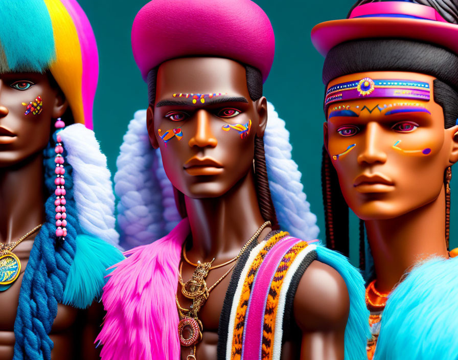 Colorful fashion mannequins with vibrant hairstyles and eclectic accessories on teal background