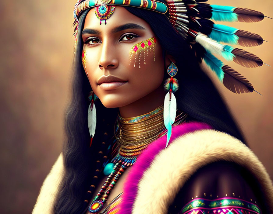 Portrait of a woman in Native American-inspired attire and headdress.