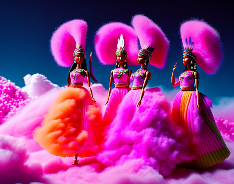 Colorful miniature figures in pink feather headdresses and traditional dresses on clouds.