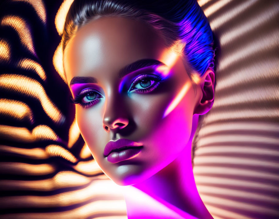 Portrait of Woman with Colorful Neon Lighting and Striped Shadow Pattern