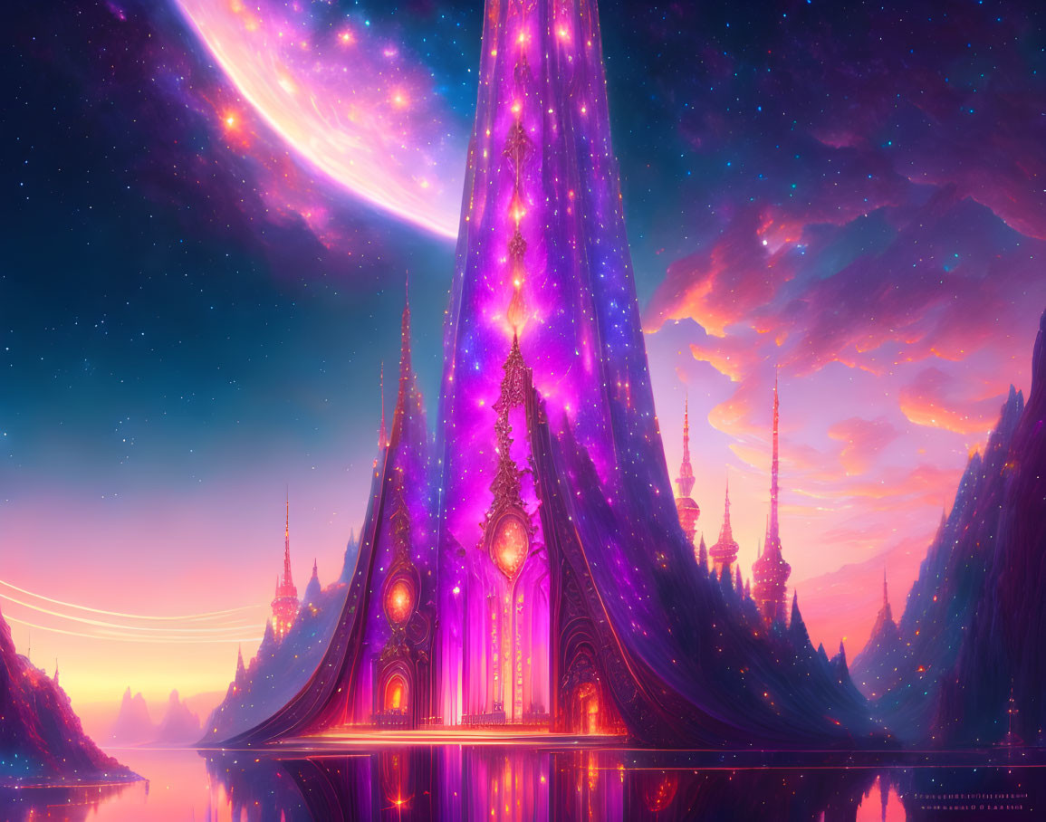 Majestic fantasy landscape: glowing purple castle, celestial body, twilight sky