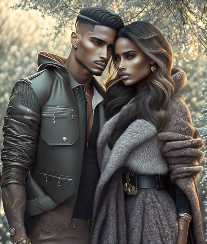 Fashionable Couple in Leather Jacket and Fur Coat Amid Twinkling Lights