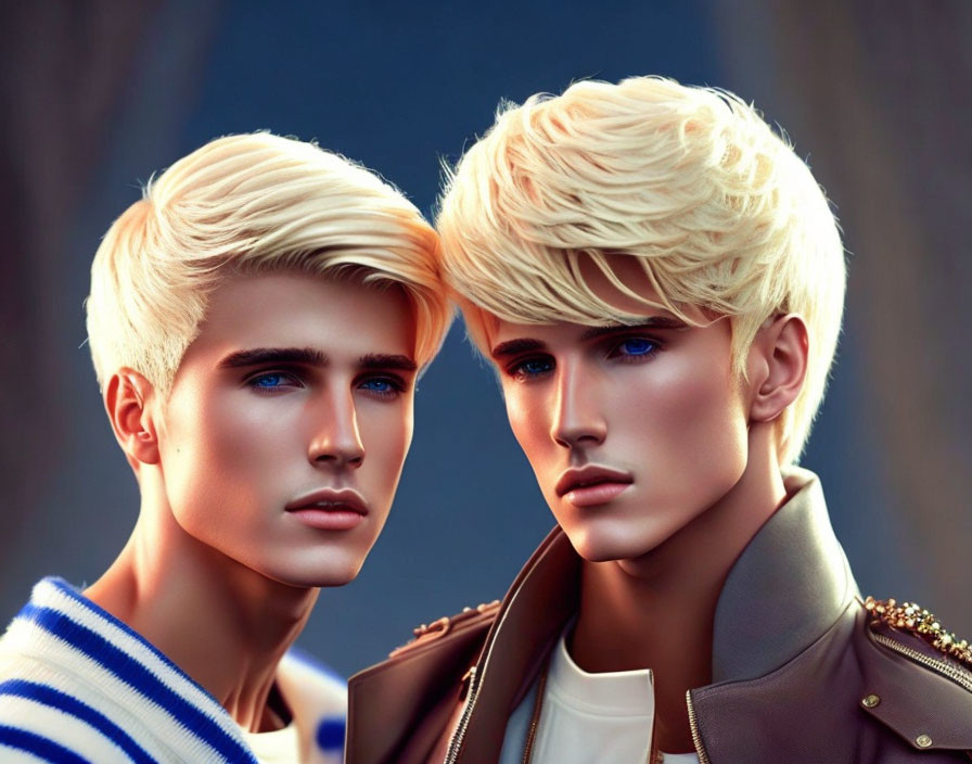 Stylized individuals with sharp features and platinum blonde hair in distinctive outfits