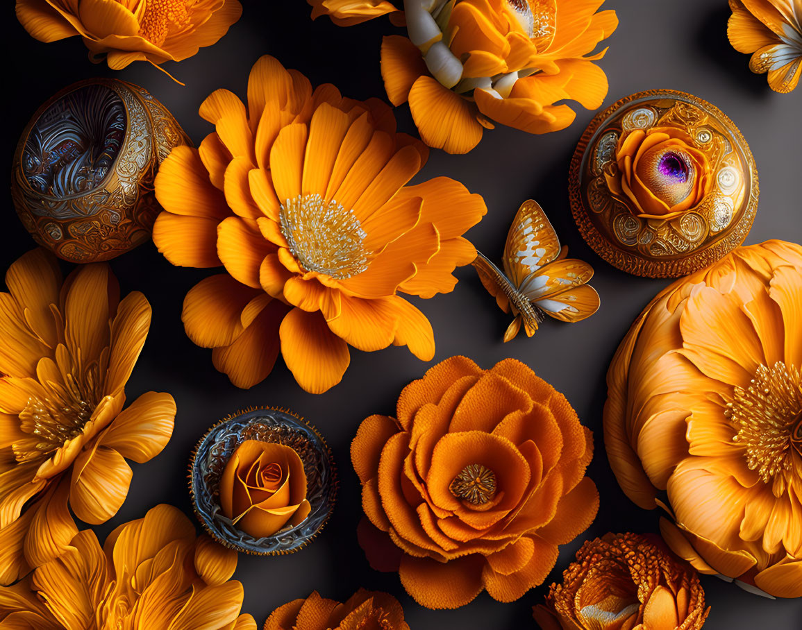 Colorful Orange Flowers, Intricate Patterns, Butterfly on Dark Background