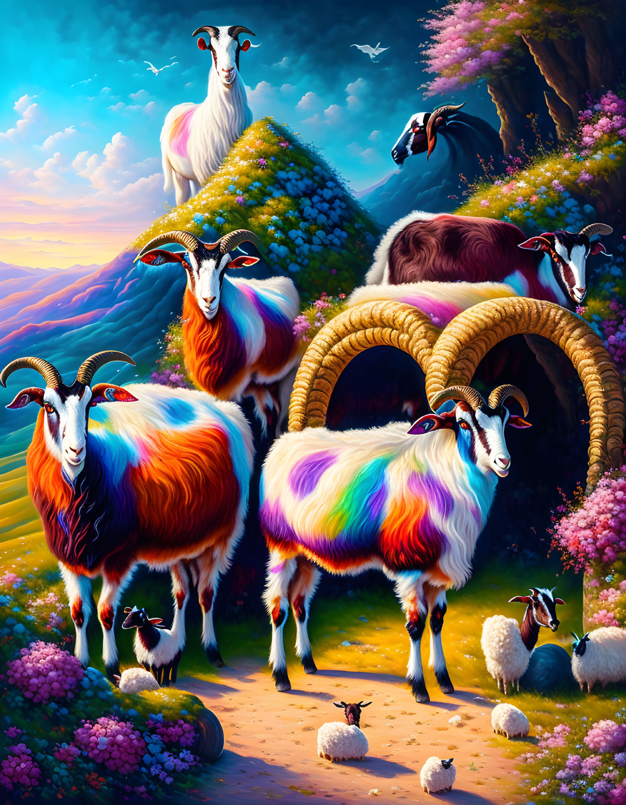 Multicolored goats in surreal landscape with lush vegetation