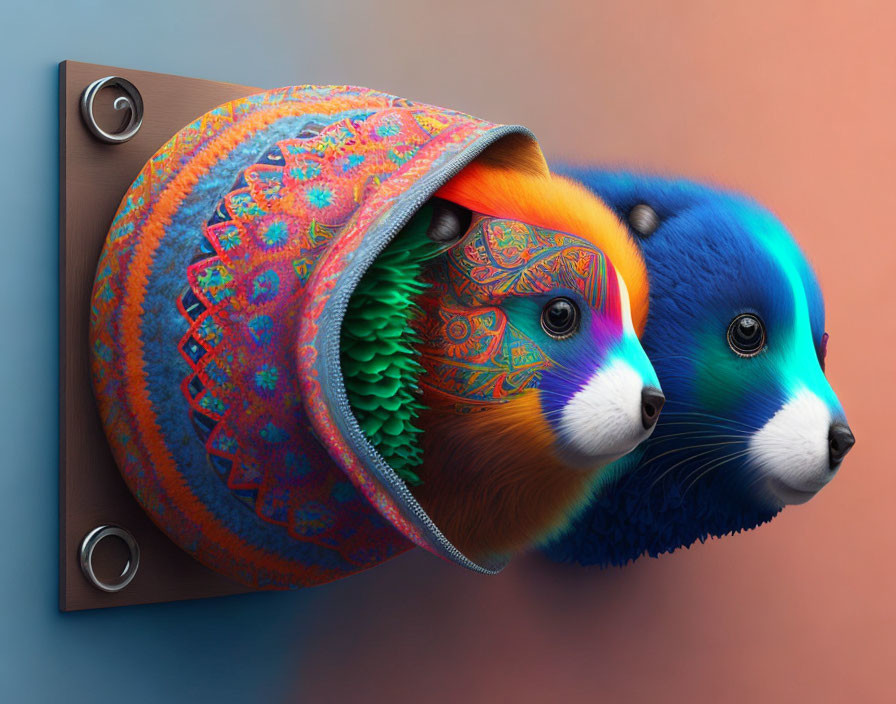 Colorful digital artwork: Guinea pig with intricate patterns emerging from zipper on textured sphere