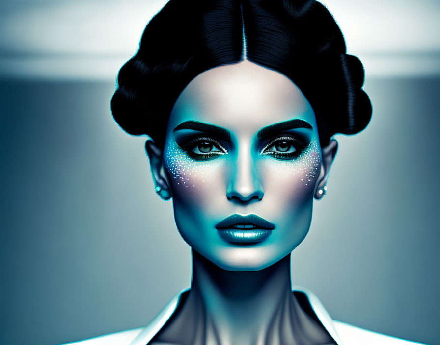 Blue-skinned female figure with futuristic updo hairstyle and sparkling facial adornments