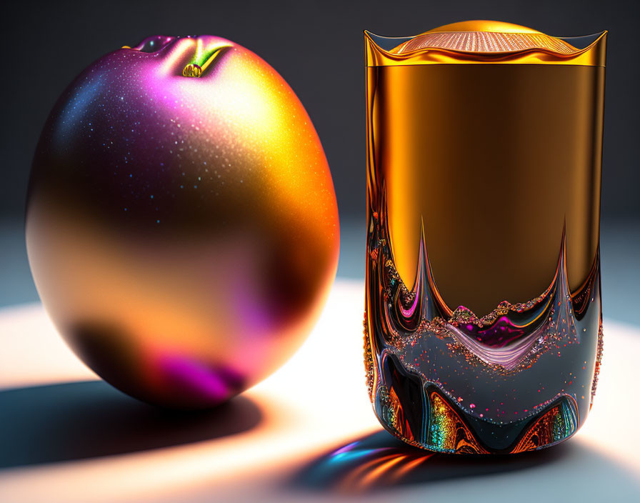 Colorful surreal image of glossy apple and golden cup with intricate designs