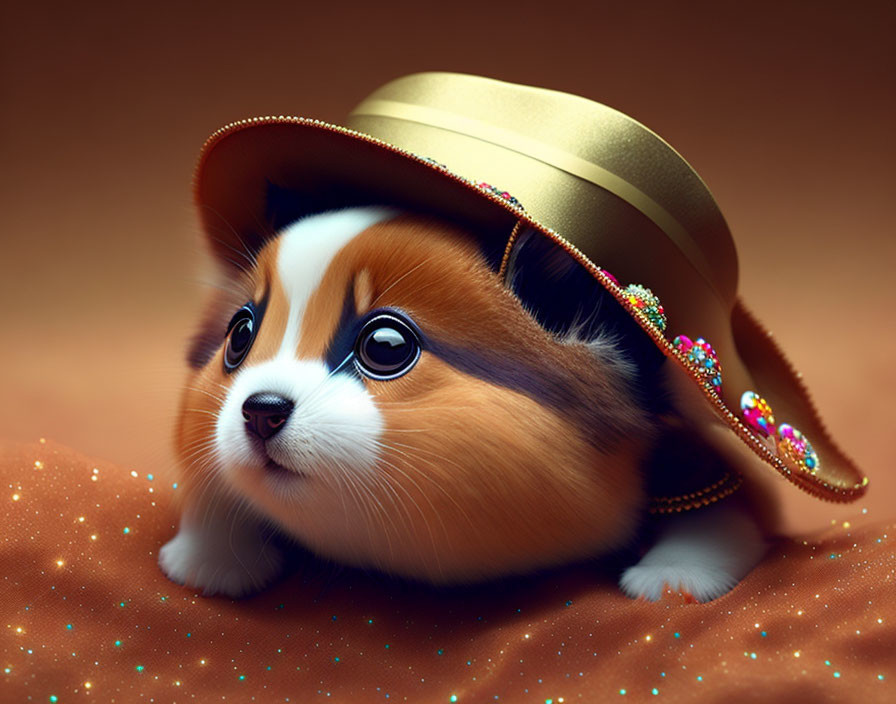 Illustration of cute puppy in jeweled hat on glittering background