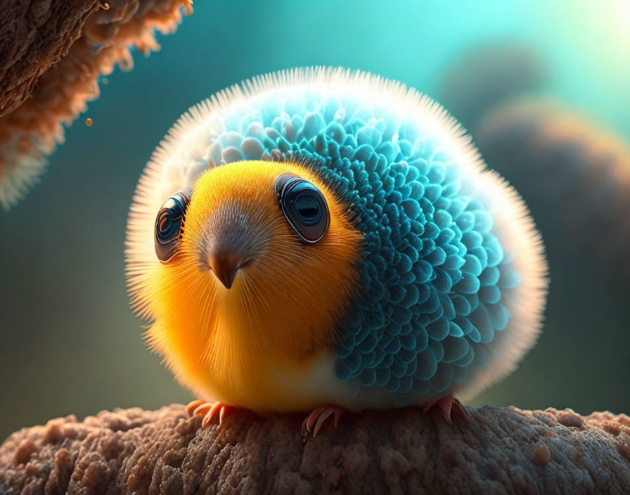 Round, Fluffy Bird with Orange and Blue Plumage Perched Underwater