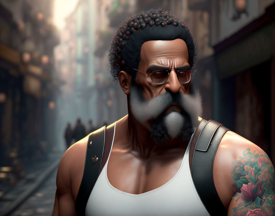 Muscular man with afro and beard in tank top with tattoo in urban alleyway