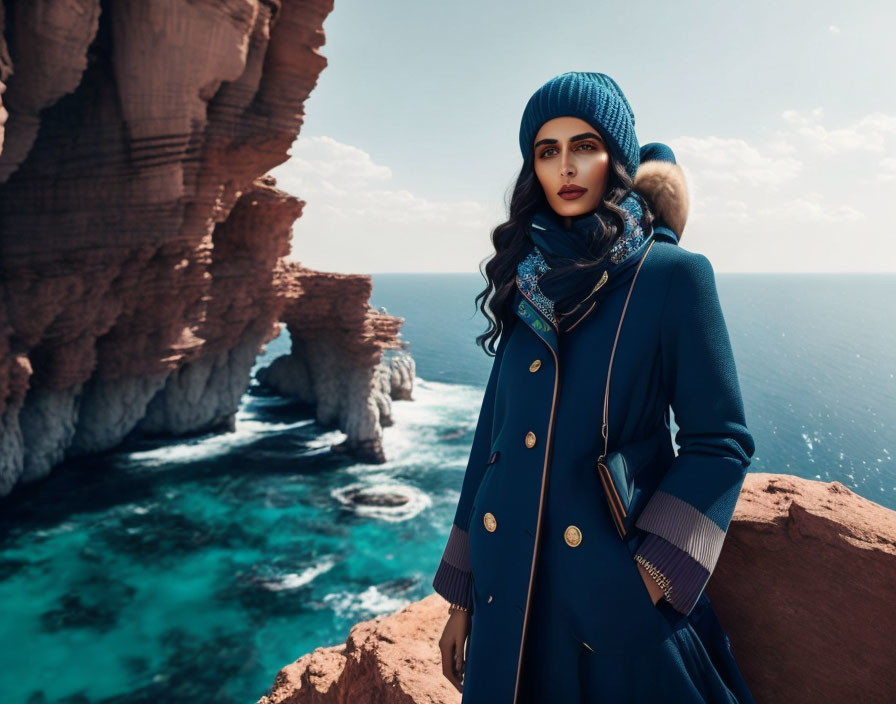 Woman in blue coat and beanie on cliff above beautiful blue sea and rocky coast