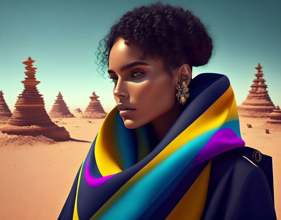 Digital Artwork: Woman with Curly Hair in Colorful Scarf Desert Scene