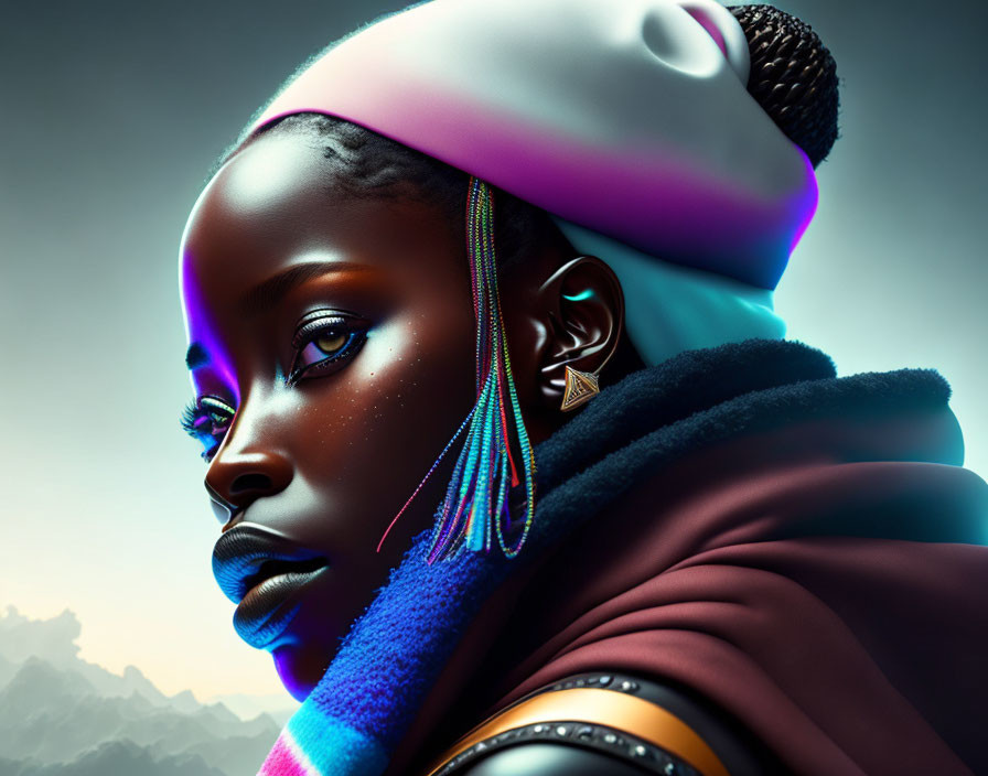 Futuristic portrait of a woman with blue and purple skin highlights.