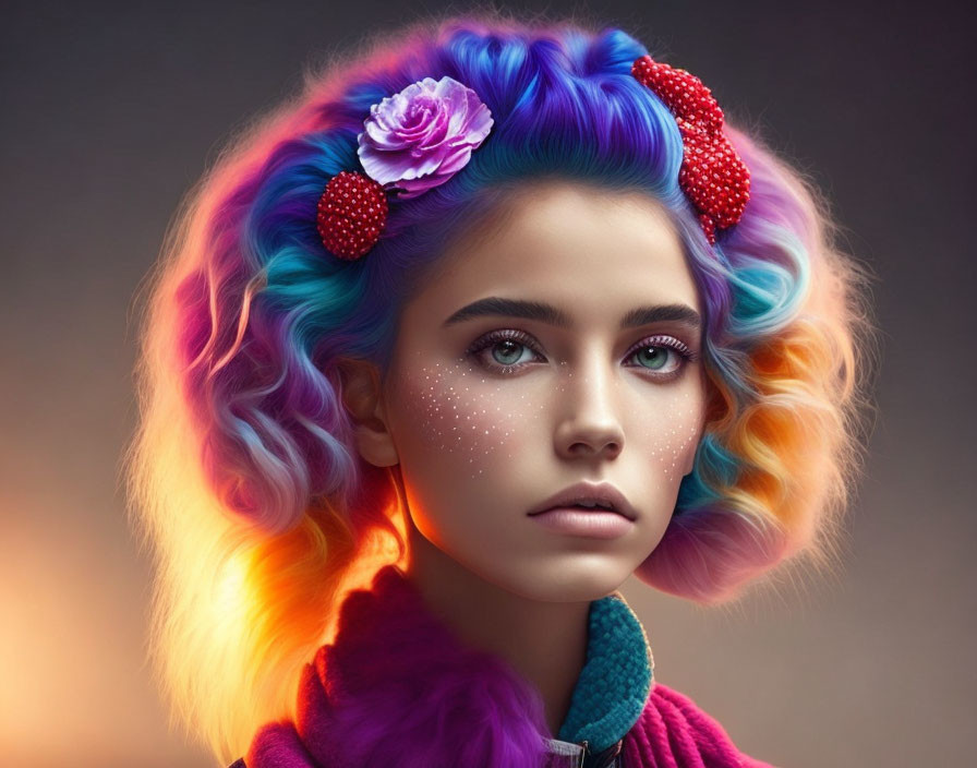 Colorful woman with flower and strawberries in hair on neutral background