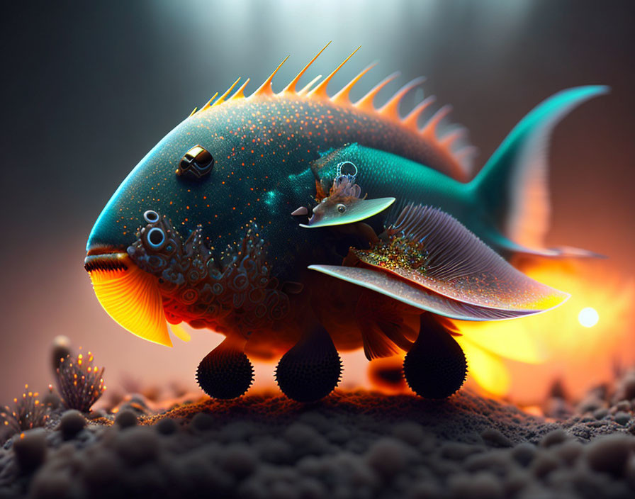 Colorful whimsical fish with glowing patterns and mouse in underwater scene