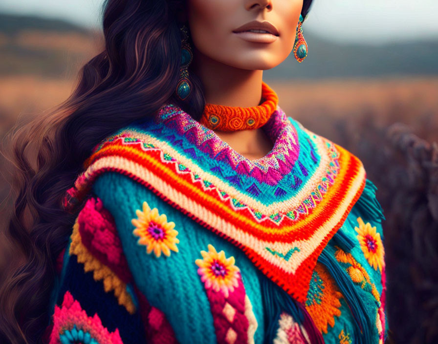 Long-haired person in floral sweater and teal earrings against autumn backdrop