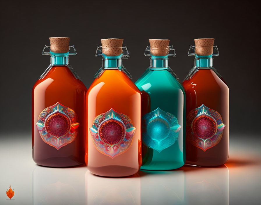 Colorful liquid in decorative glass bottles with ornate labels and cork stoppers