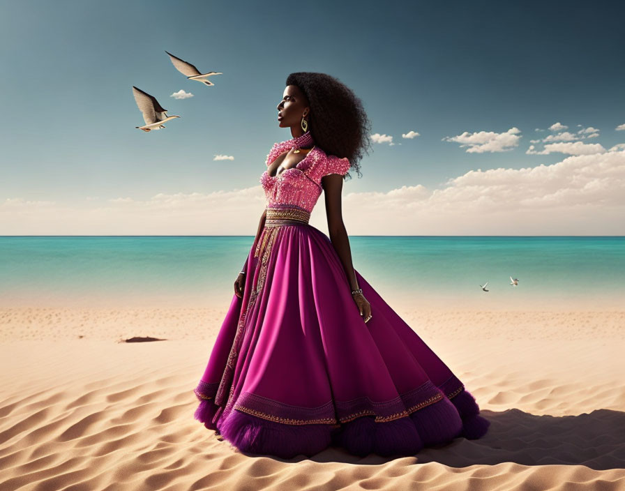 Woman in magenta gown standing on beach with tranquil sea and seagulls.