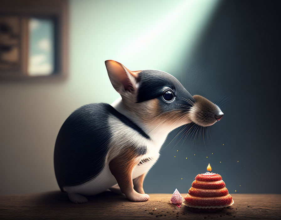 Adorable corgi with oversized ears and dessert under spotlight