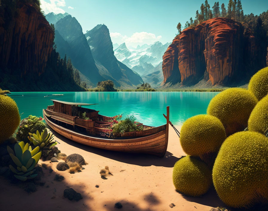 Tranquil lake scene with wooden boat, lush cliffs, green foliage, and yellow fruits