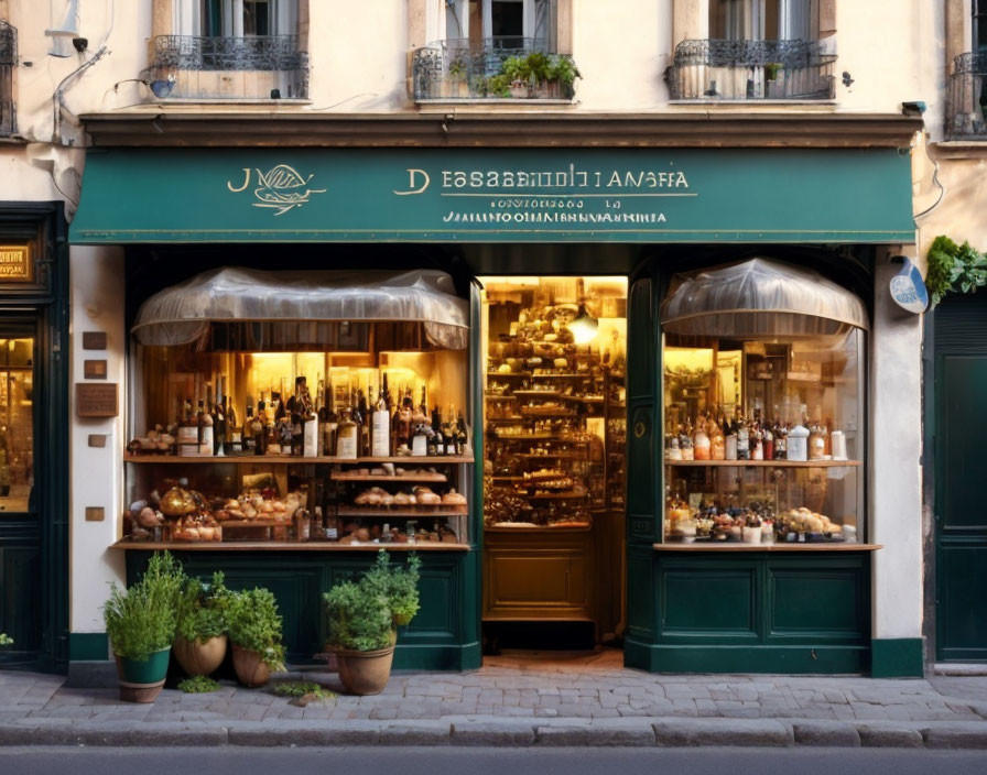 European-style Delicatessen with Green Storefront and Displayed Goods