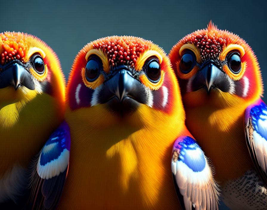 Vibrant animated birds with big eyes on blue background