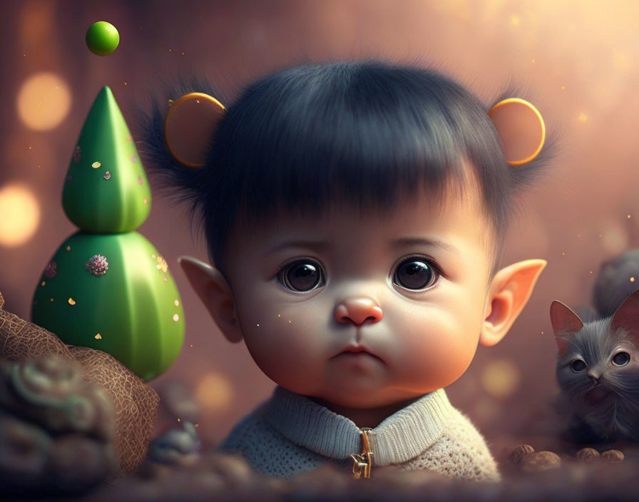 Digital artwork: Baby with pointed ears and horns in fantastical setting with kitten