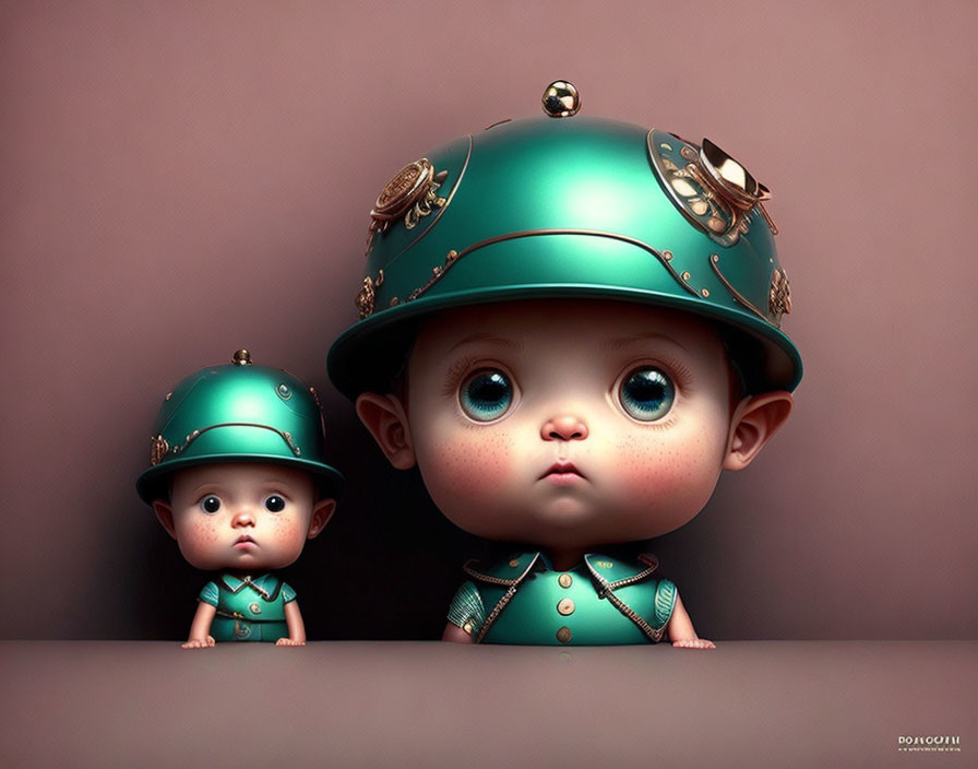 Stylized animated characters in teal outfits with large eyes on brown background