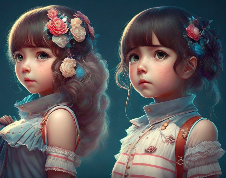 Vintage-style portrait of two young girls with floral hair accessories and detailed dresses in moody lighting