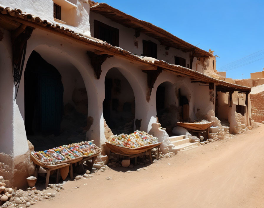 Clay Architecture with Arches and Colorful Pottery Display