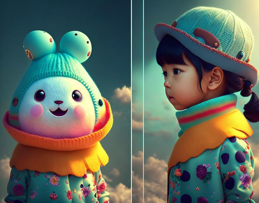 Whimsical rabbit character and girl in matching outfits