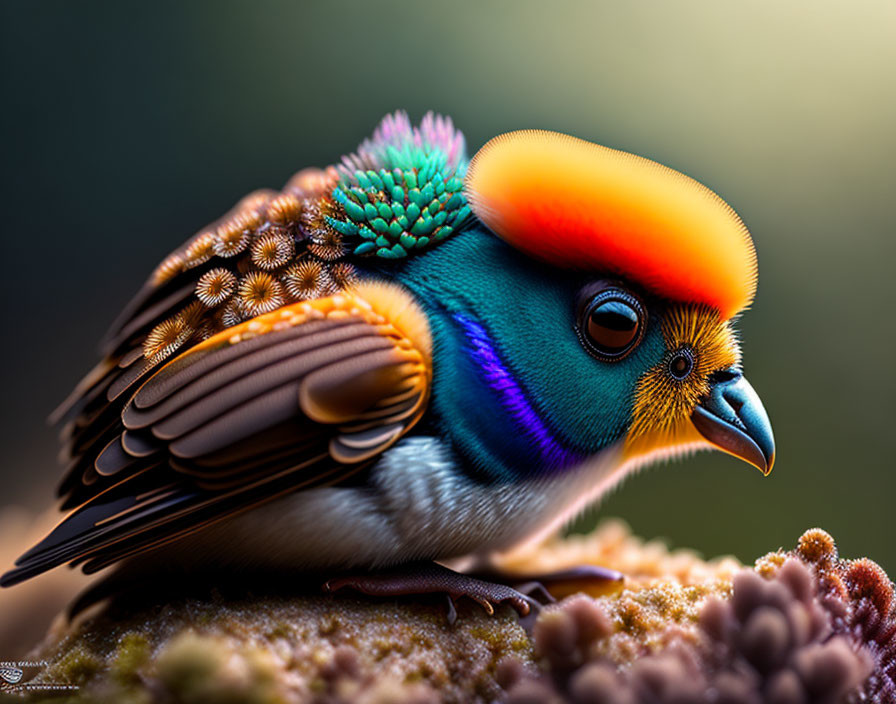 Colorful Bird with Scale-Like Feathers & Peach-Orange Head Gradient