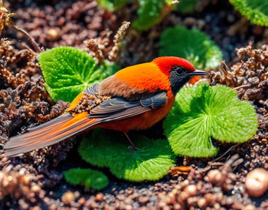 Colorful bird with orange plumage in green natural setting