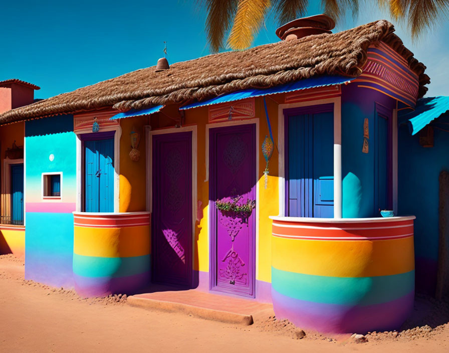 Colorful House with Blue and Purple Hues, Rainbow Stripes, and Traditional Decor under Bright Blue