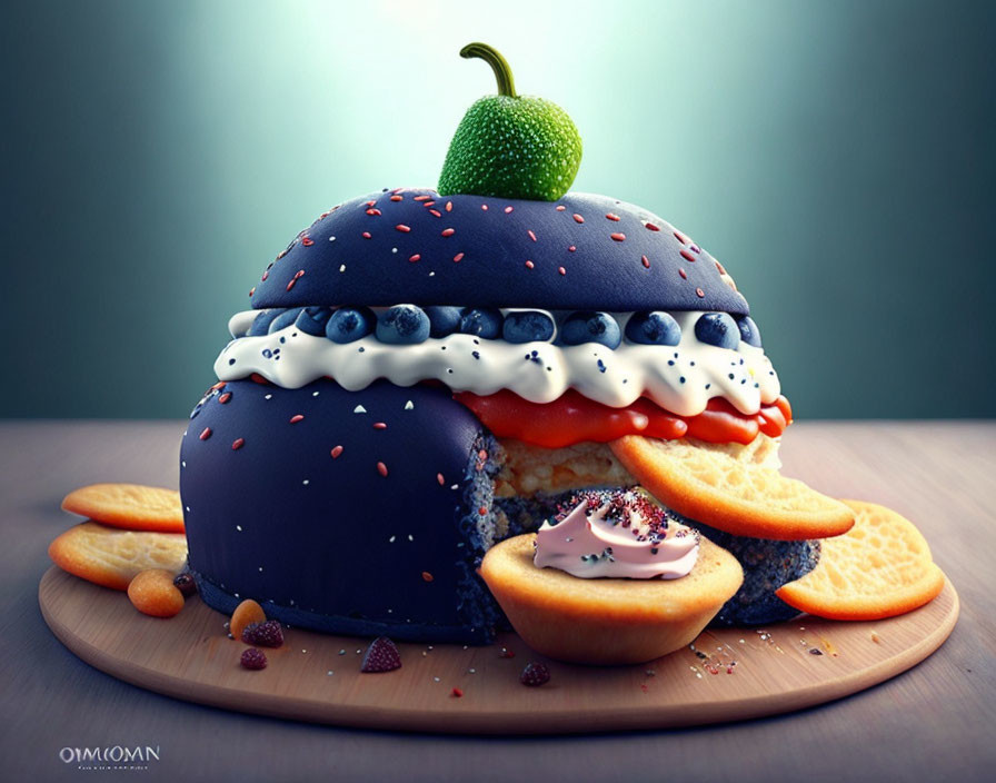 Whimsical hamburger-themed dessert with blue bun and cookie fries