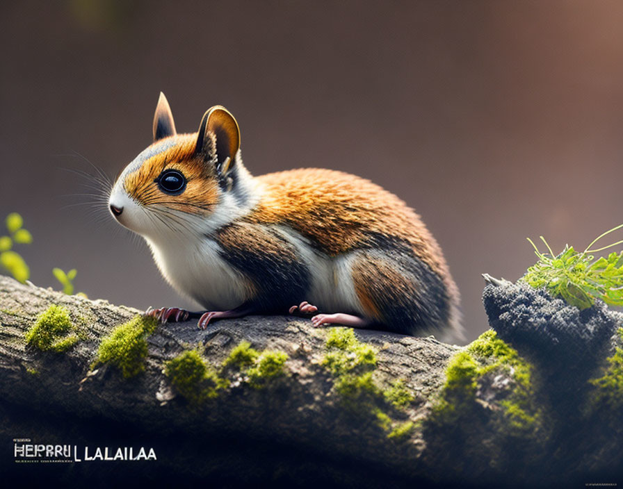 Adorable anthropomorphic chipmunk on mossy log with large eyes