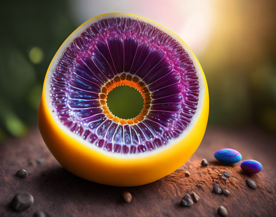 Colorful cross-sectioned fruit with purple jelly center, coffee beans, and pebbles on wooden