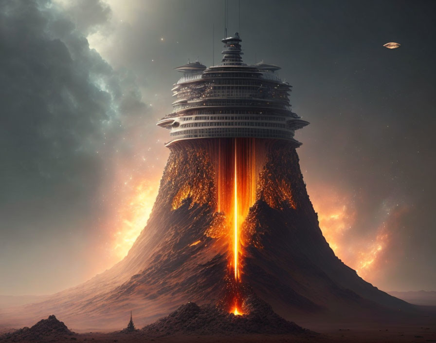 Futuristic building on volcanic structure with lava, spacecraft in dusk sky