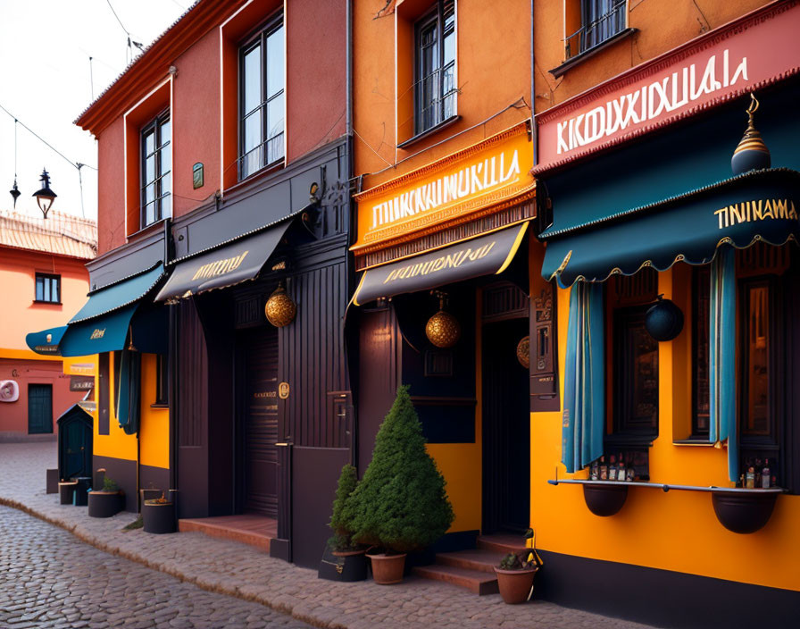 Colorful Buildings and Cyrillic Script Storefronts on Vibrant Street Corner