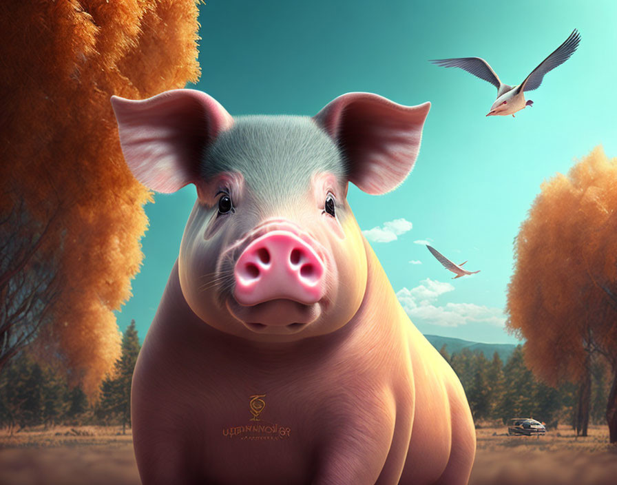 Plump cartoon pig in autumn landscape with flying birds