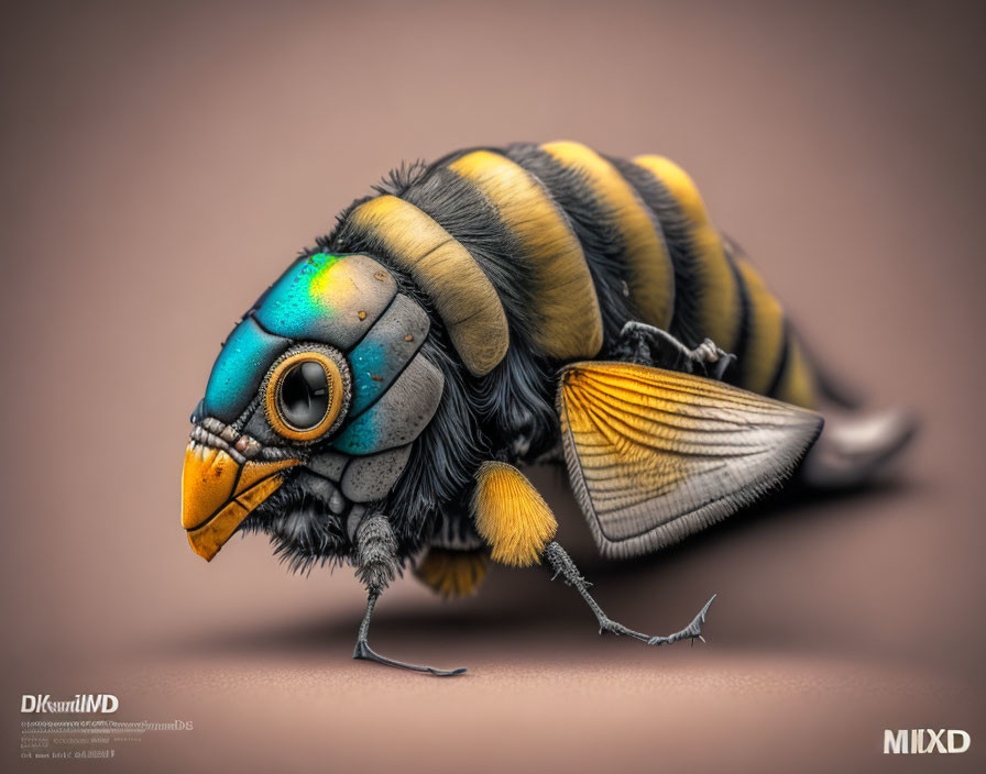 Detailed digital artwork: stylized insect with mechanical look, vibrant blue, orange, and yellow tones on