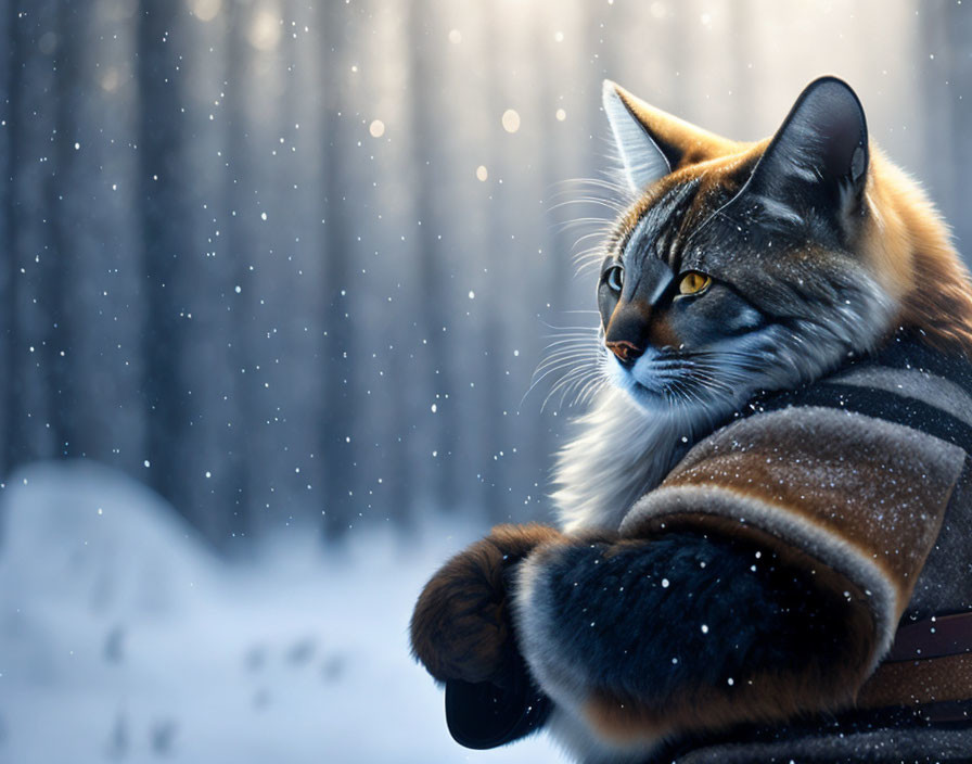 Majestic cat with striking fur in snowy forest scene