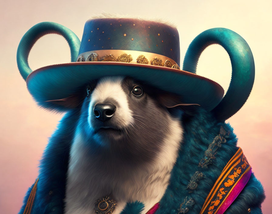 Whimsical digital artwork: Dog with ram horns in top hat and jacket on warm backdrop