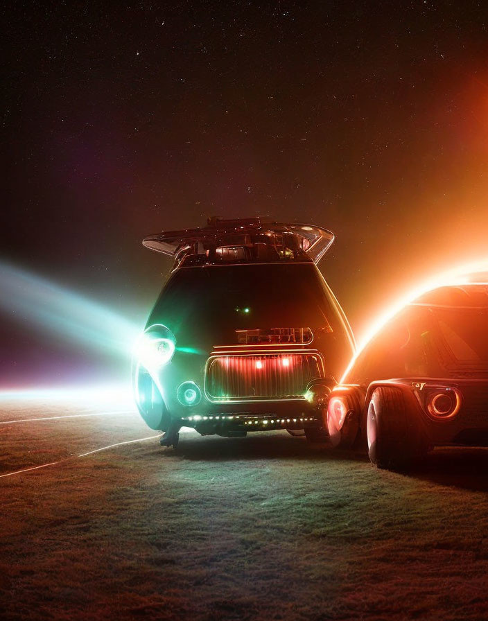 Vintage cars with illuminated headlights under starry sky.