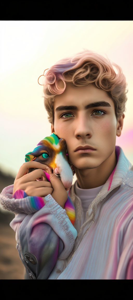 Young person with stylized features holding fantasy corgi puppy in digital art