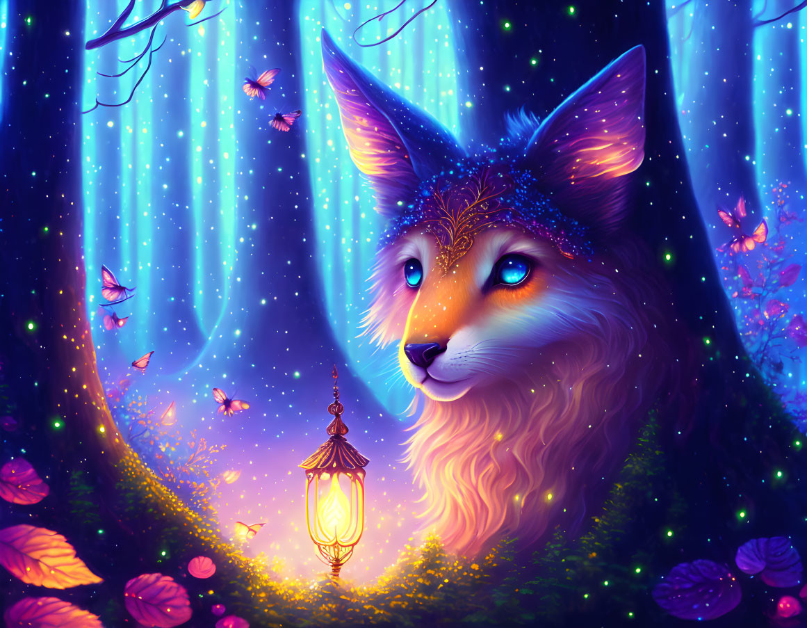 Glowing fox in enchanted forest with butterflies and lantern