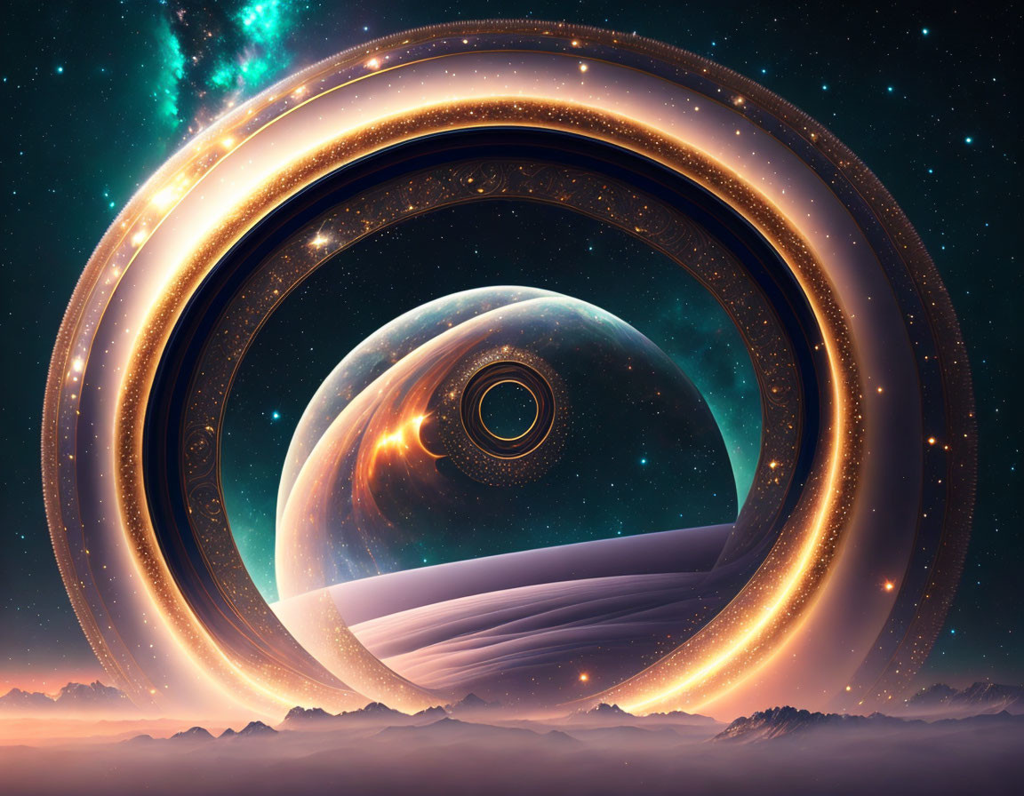 Surreal cosmic scene: rotating rings around central celestial body